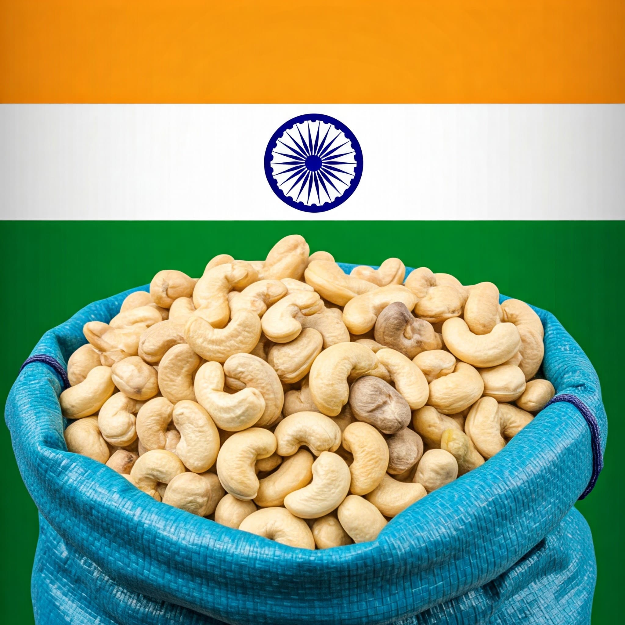 भारत के झंडे वाले निर्यात बैग में काजू (एआई द्वारा निर्मित छवि)
