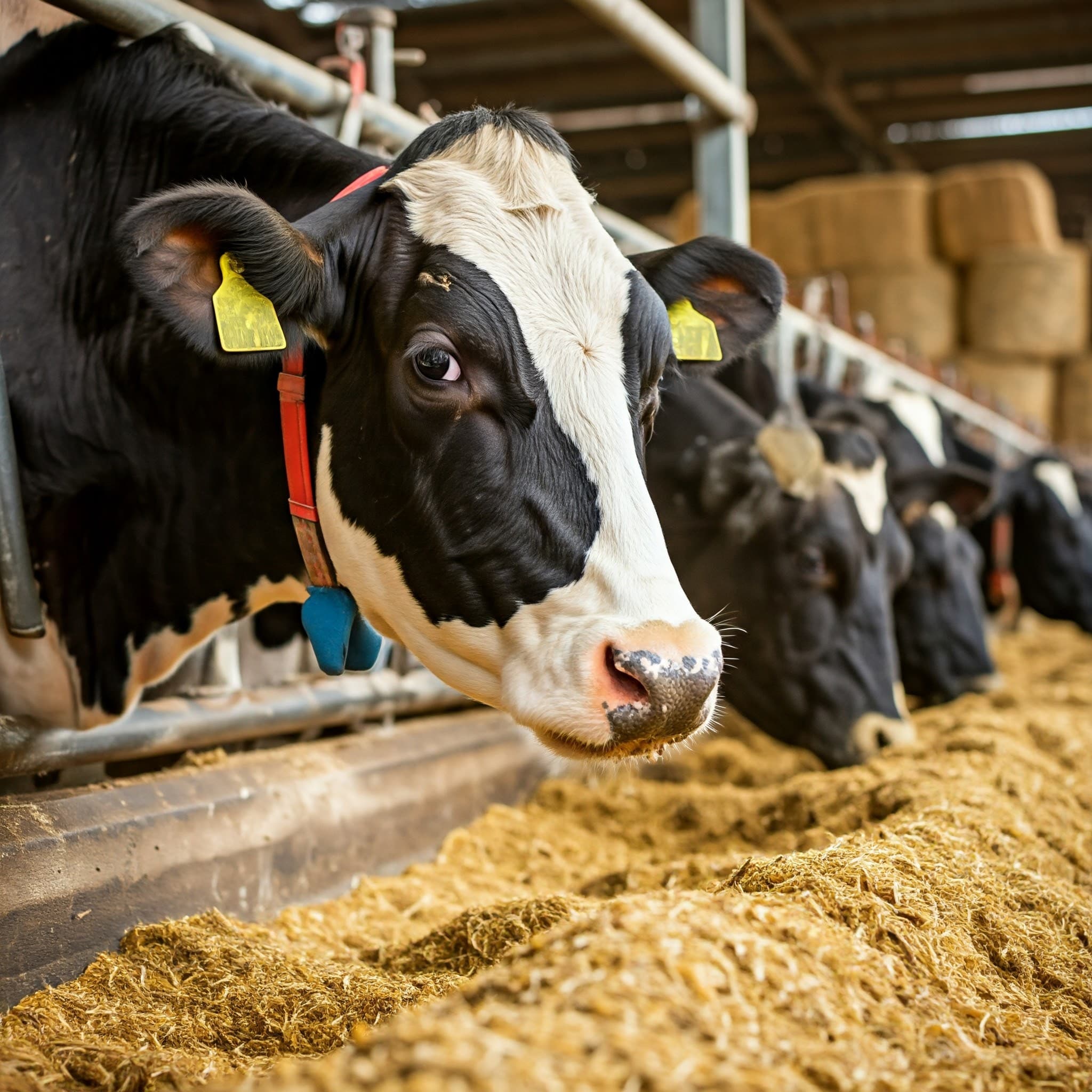 Dairy Cattle Feeding on Soy Cake in a Modern Indoor Farm (AI-generated Image)