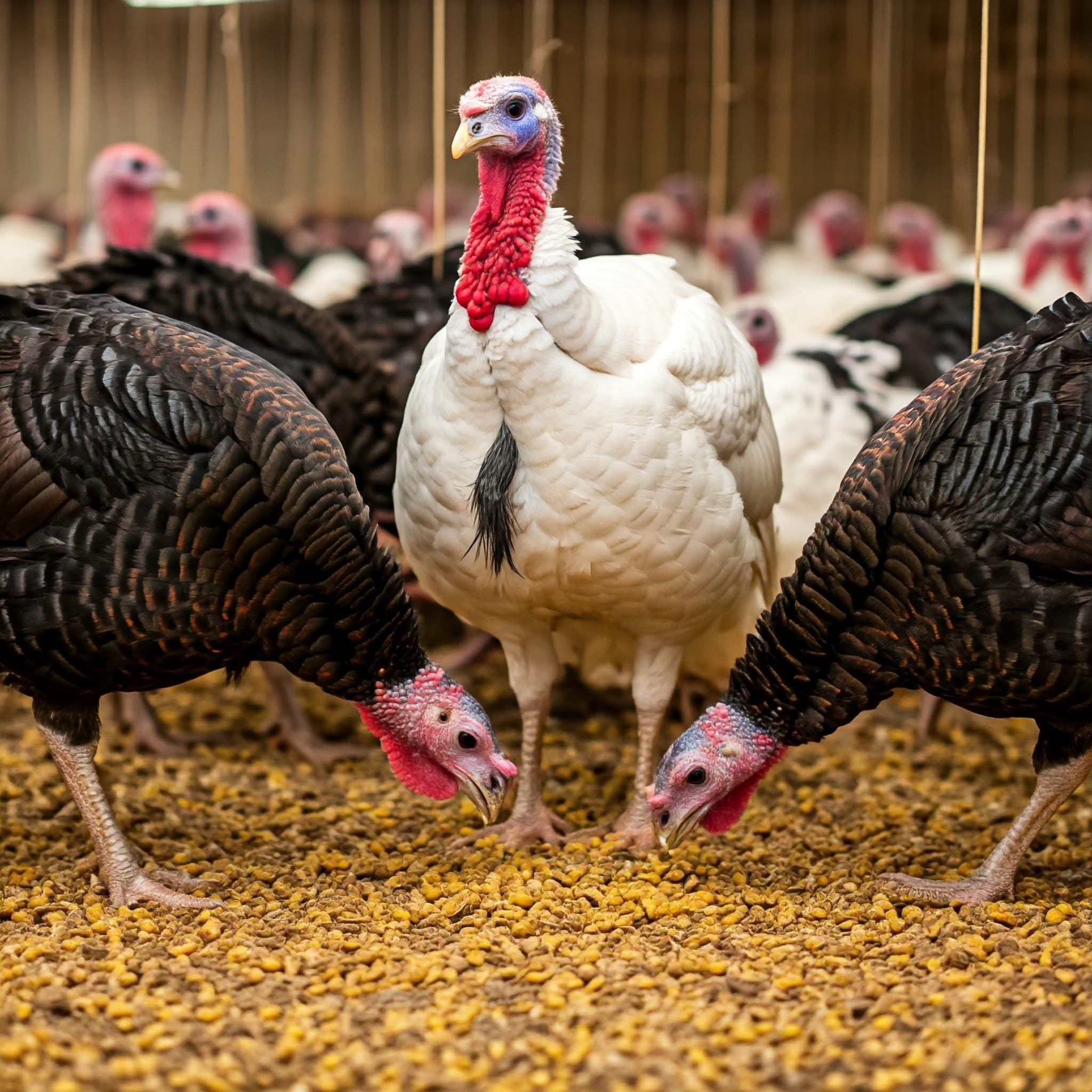 Turkeys Eating Soybean De-Oiled Cake (AI-Generated Image)