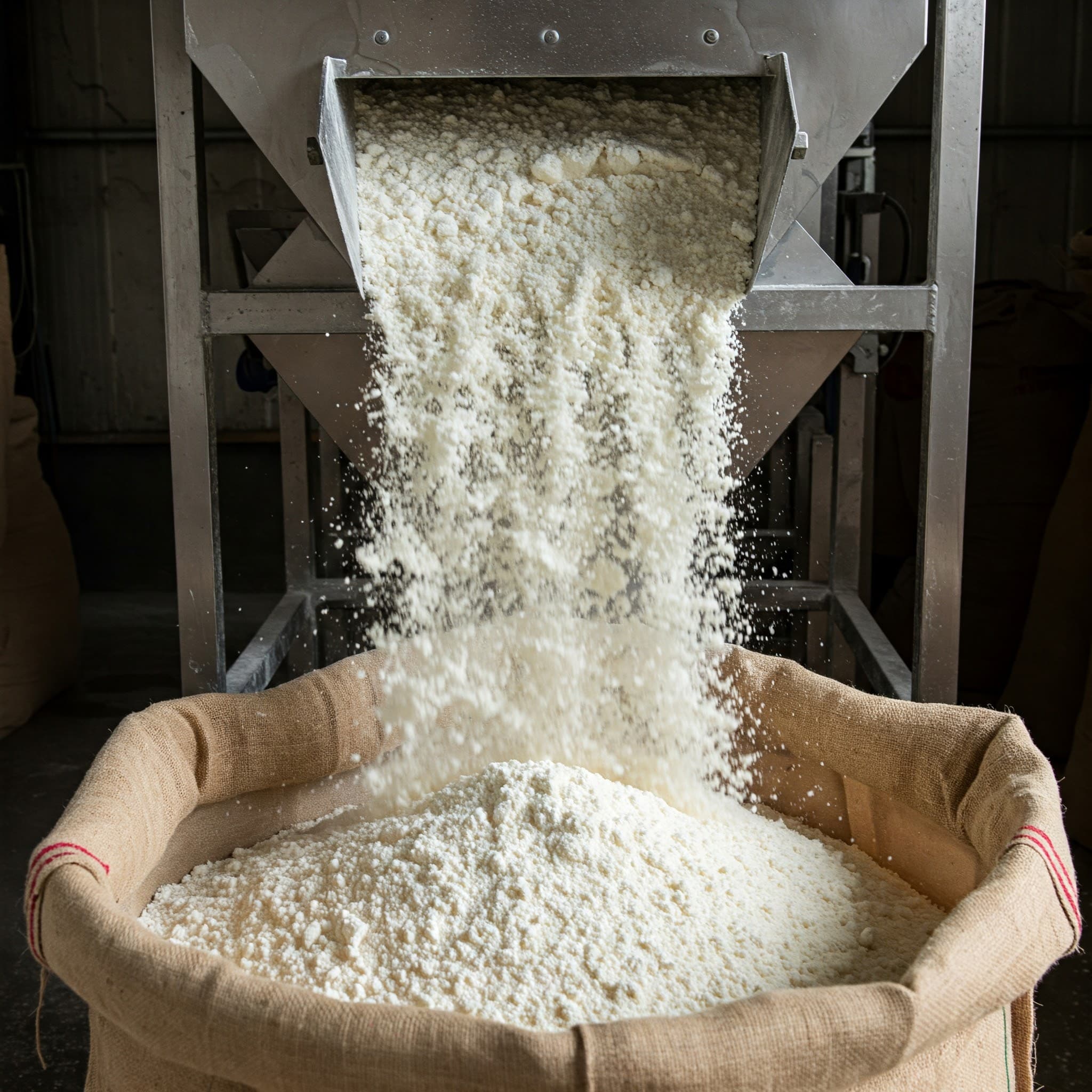 Cassava flour falling into a bag (AI-generated image)