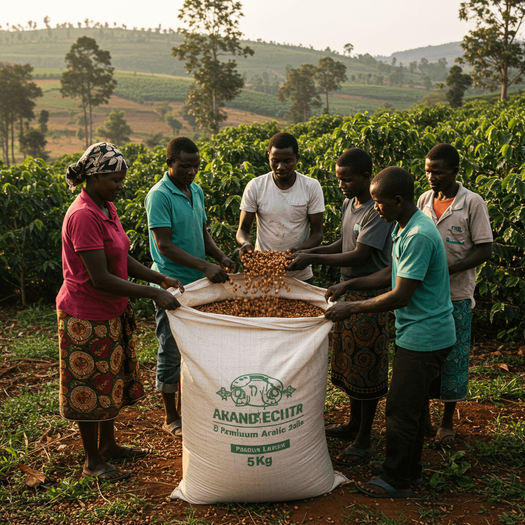 Petani kopi Uganda mengemas kopi Arabika ke dalam karung ekspor 50 kg (gambar yang dibuat oleh AI).