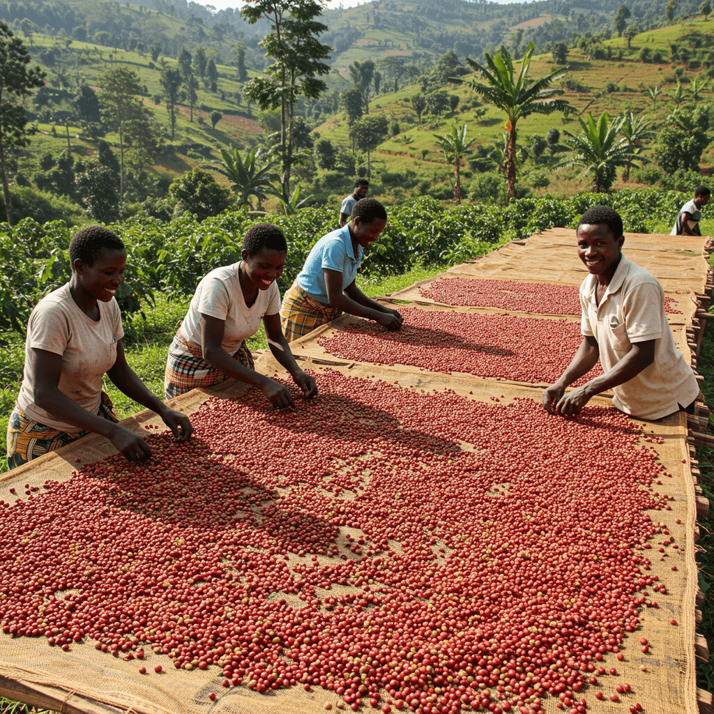 Petani kopi Uganda menjemur ceri kopi (gambar yang dihasilkan AI)