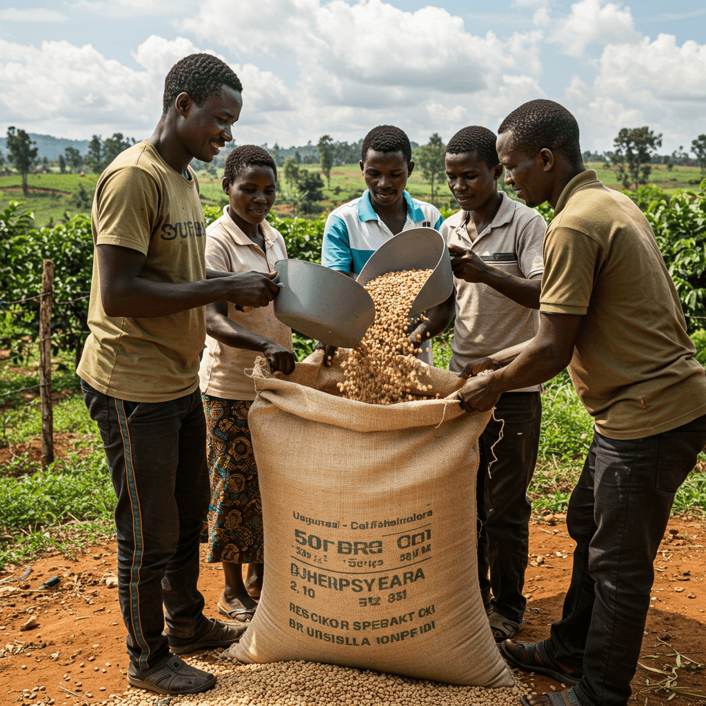 Petani kopi Uganda mengemas kopi Robusta ke dalam karung ekspor 50 kg (gambar yang dibuat oleh AI).