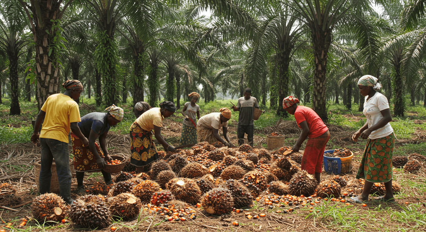 Farmers harvested palm oil nuts in Ivory Coast (AI-generated image).