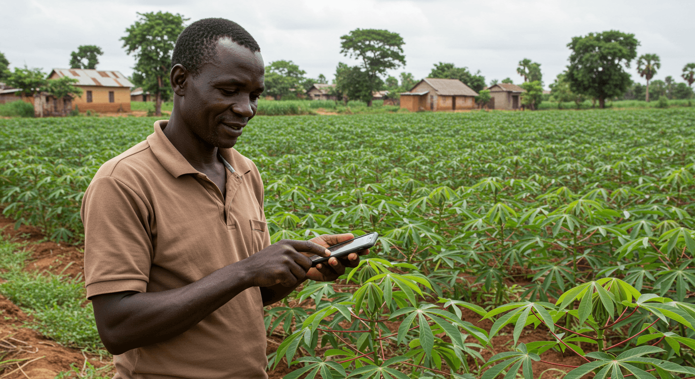 Petani Pantai Gading menggunakan aplikasi seluler untuk memantau ladang singkongnya (gambar yang dihasilkan oleh AI)