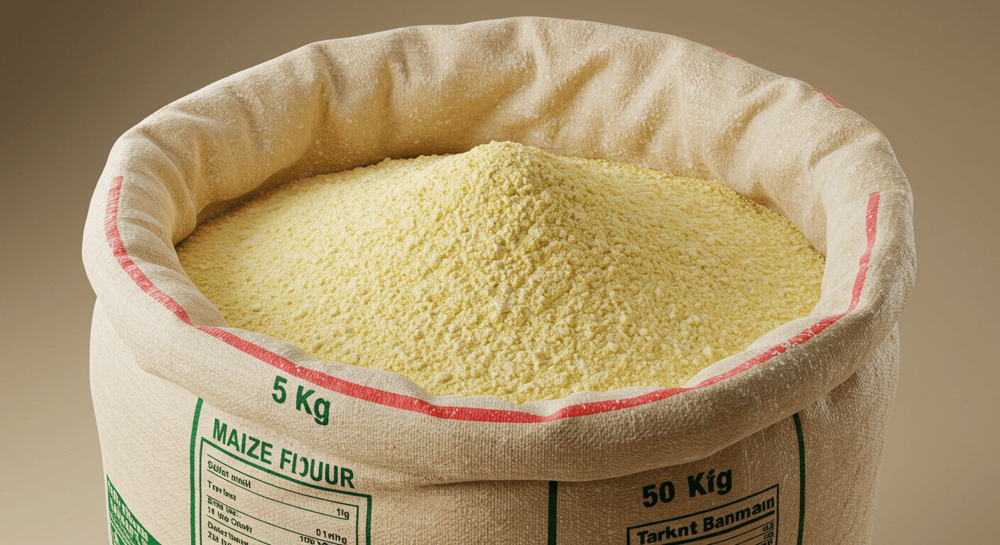 Maize flour in a 50 KG export bag (AI-generated image)