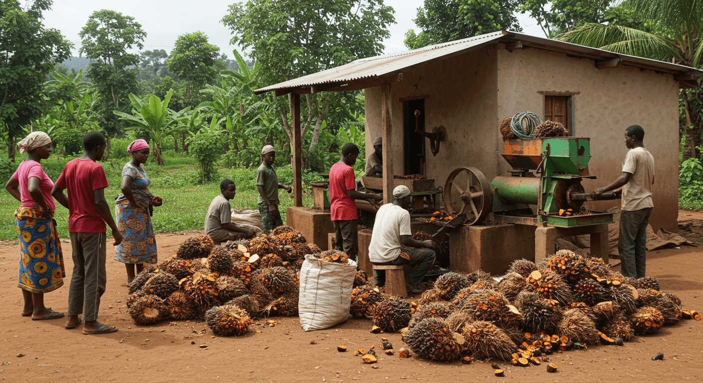 Small-scale milling of palm oil in Sierra Leone (AI-generated image)