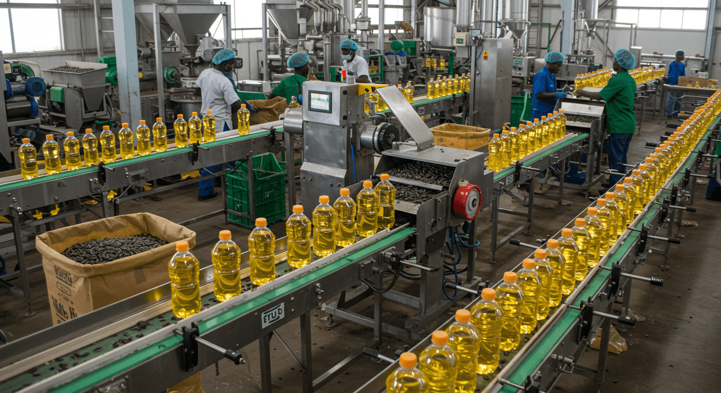 Produktionslinie für Sonnenblumenöl in einer Fabrik in Tansania (KI-generiertes Bild)