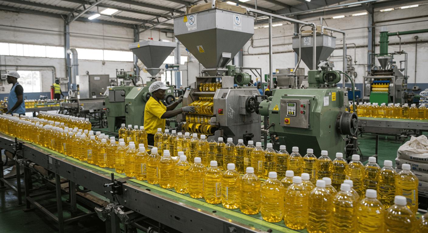 Produktionslinie für Sonnenblumenöl in einer Fabrik in Tansania (KI-generiertes Bild)