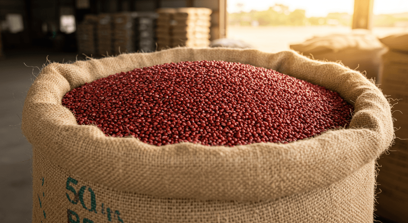 Red sorghum grains in a 50 KG export bag (AI-generated image)