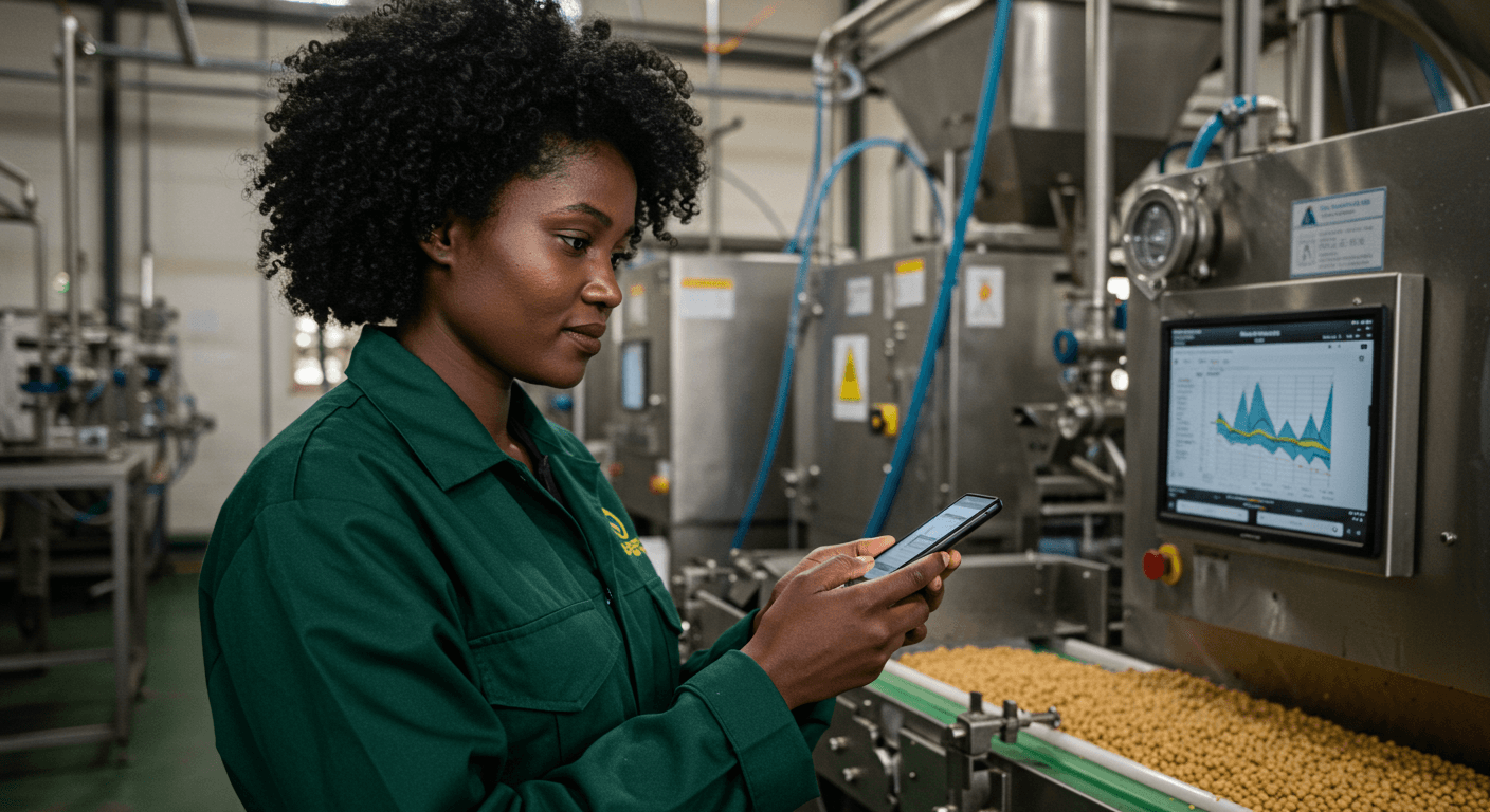 Insinyur wanita Tanzania menggunakan aplikasi seluler untuk memantau produksi minyak kedelai (gambar hasil AI)