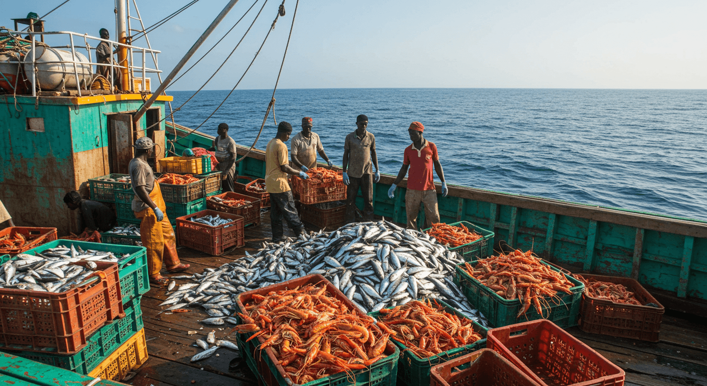 Ivorian fishing vessel with captured seafood (AI-generated image)