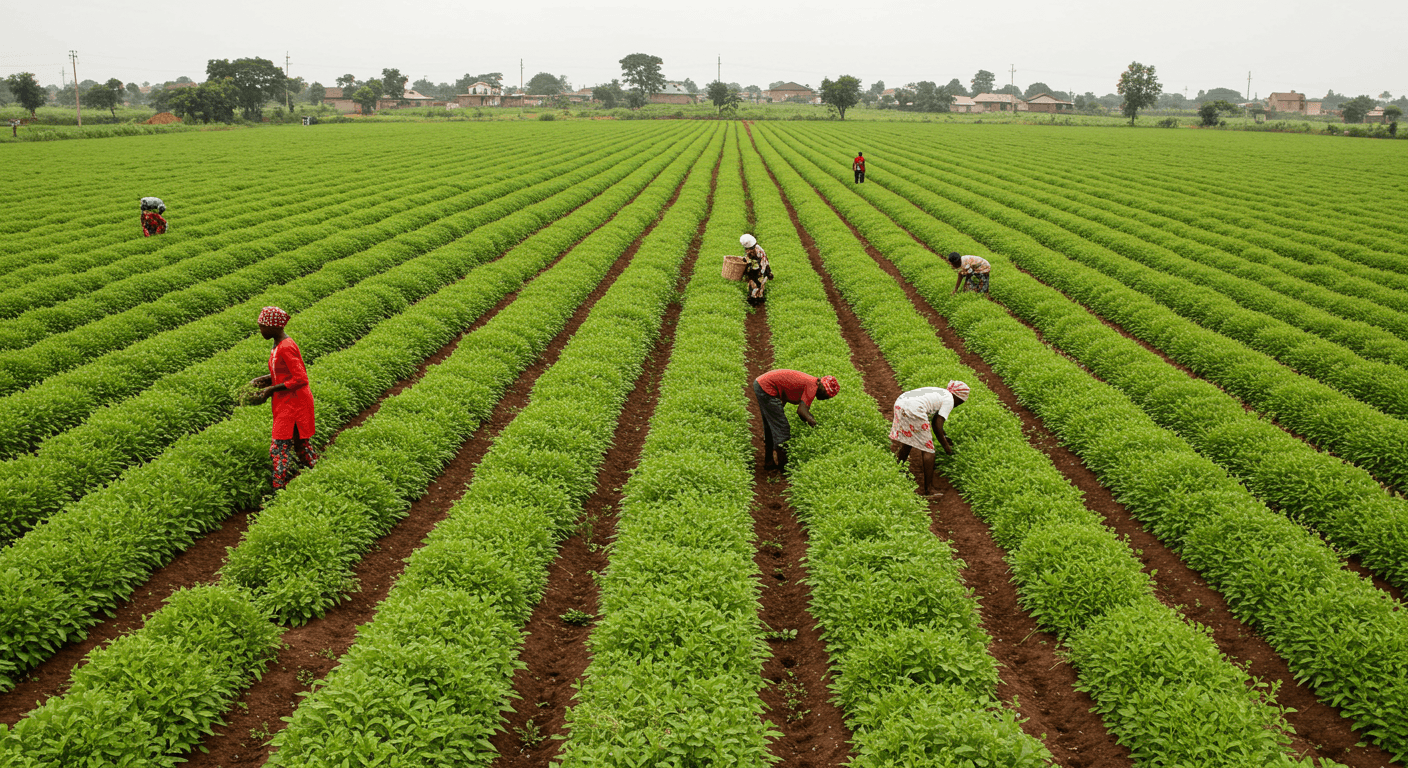 Farmers working in a chia seed field in Nigeria (AI-generated image)
