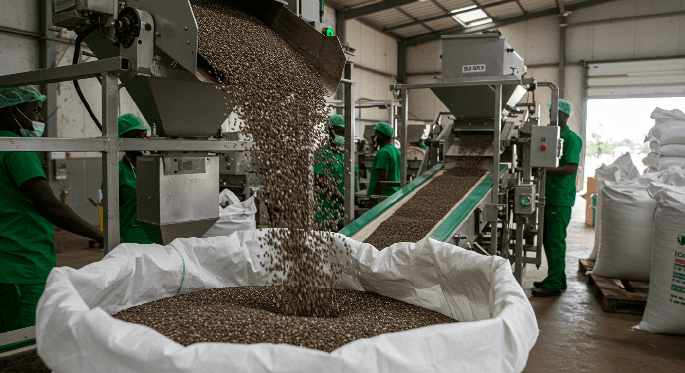 Chia seeds falling into a 50 kg bag on a production line in Nigeria (AI-generated image).
