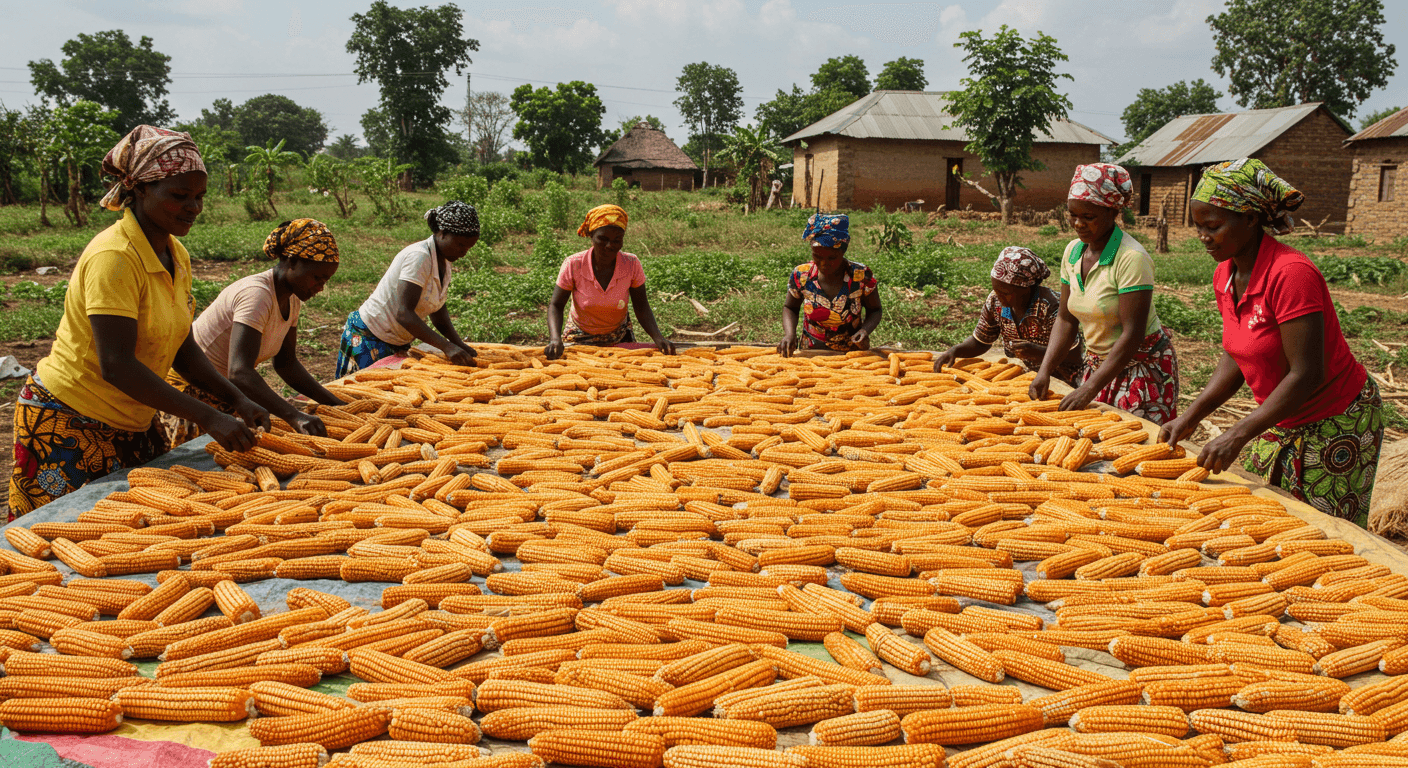 Togolese women farmers drying harvested maize (AI-generated image)