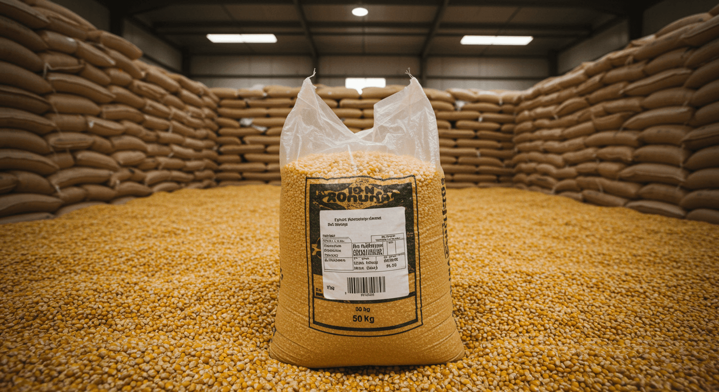 Maize stored in a warehouse (AI-generated image).