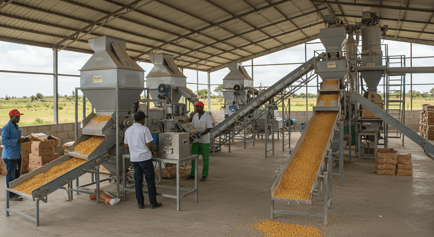 Maize flour production line in Tanzania (AI-generated image).