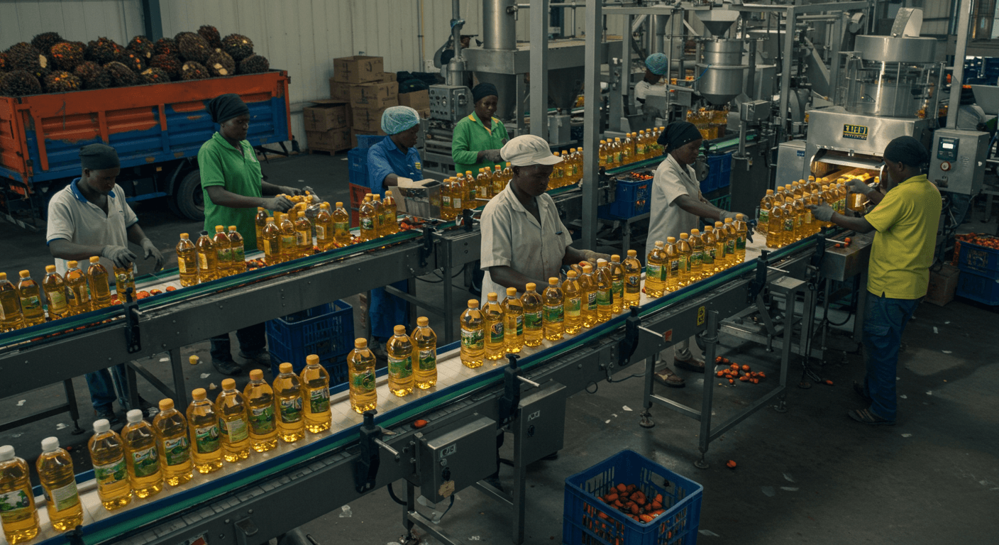 Production line for edible palm oil in Tanzania (AI-generated image).