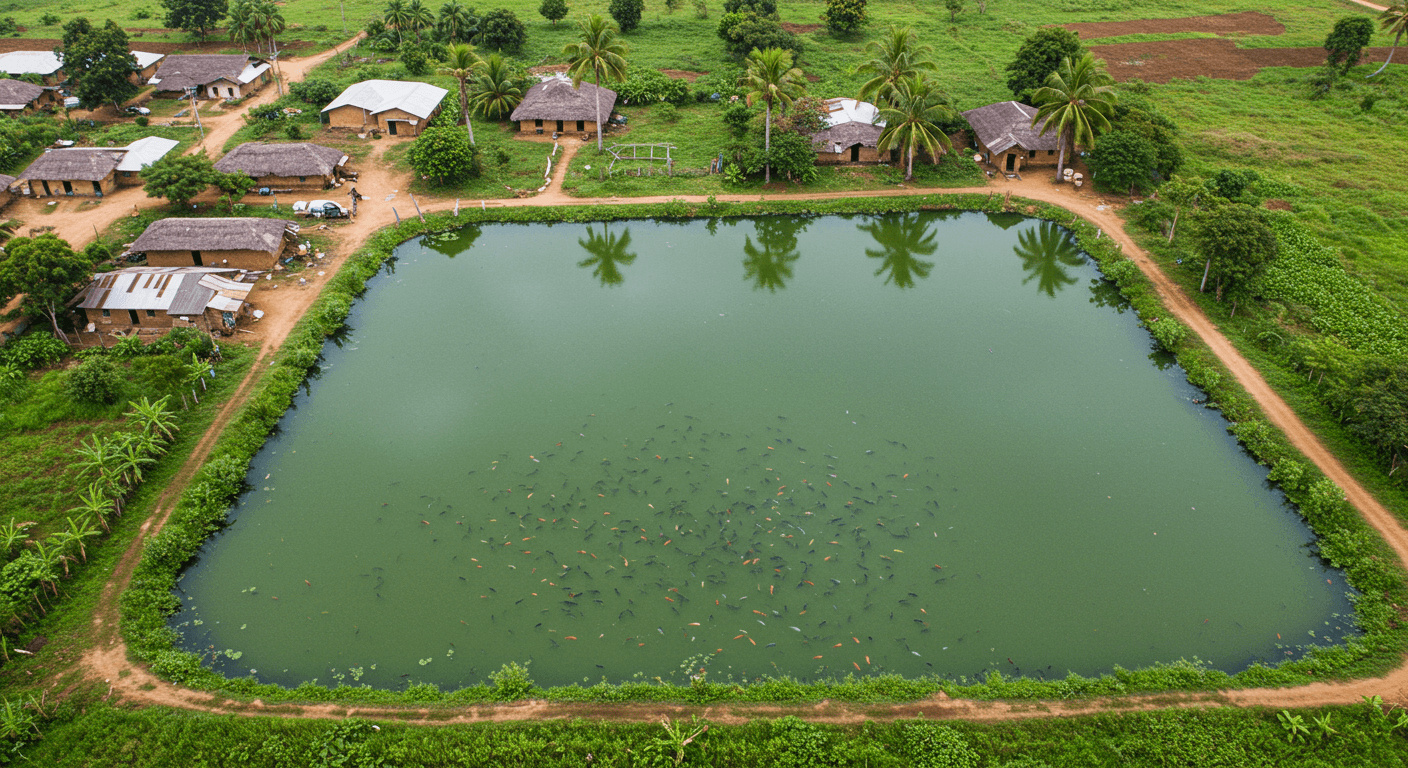 Piscicultura de tilapia en Nigeria (imagen generada por IA)