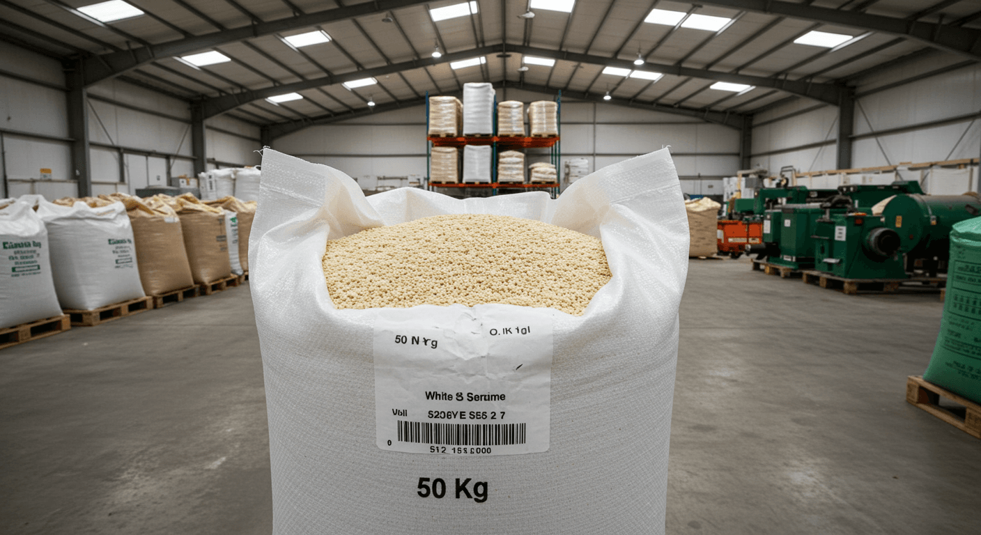 White sesame in a warehouse (AI-generated image).