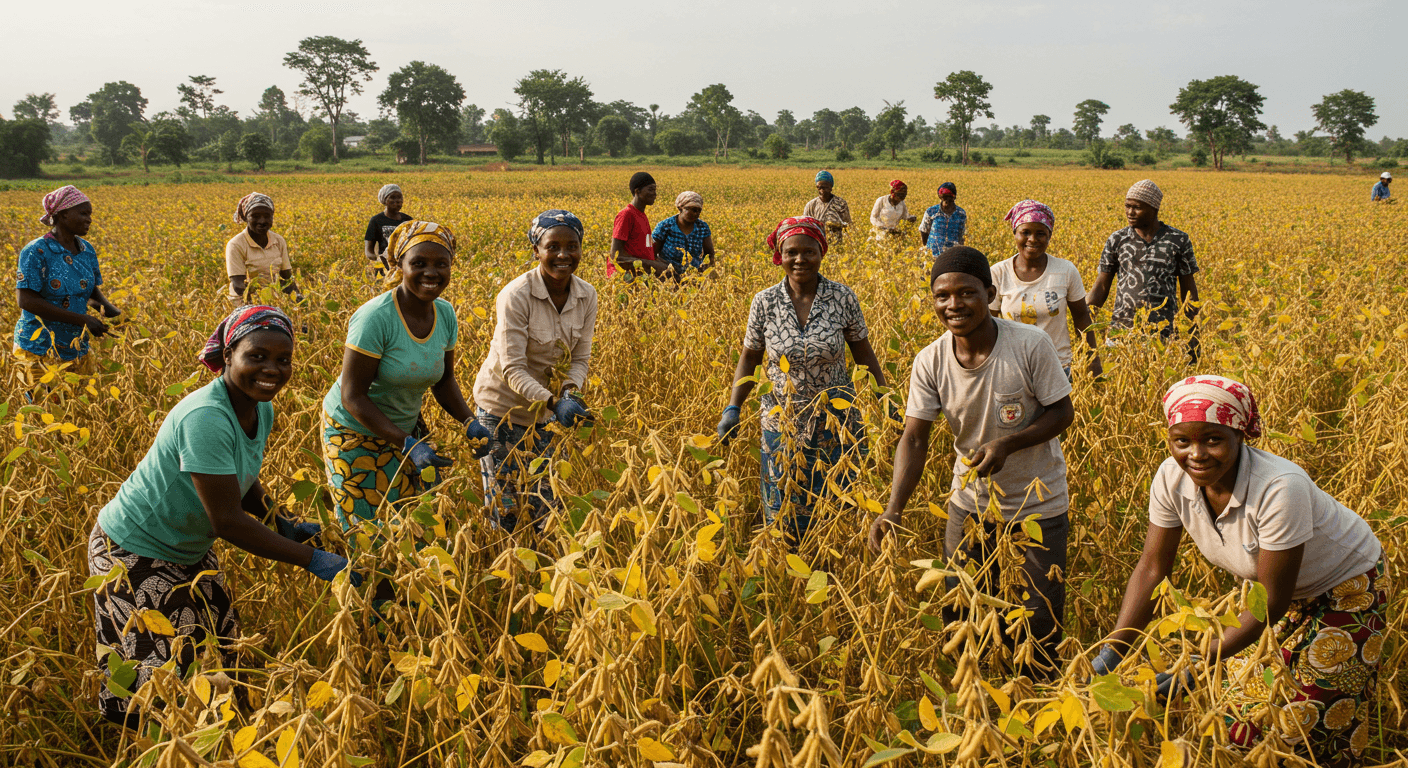 Members of an agricultural cooperative in Togo harvesting soybeans together (AI-generated image)