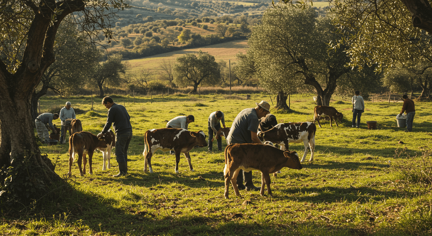 A group of farmers taking care of calves in Spain (AI-generated image)