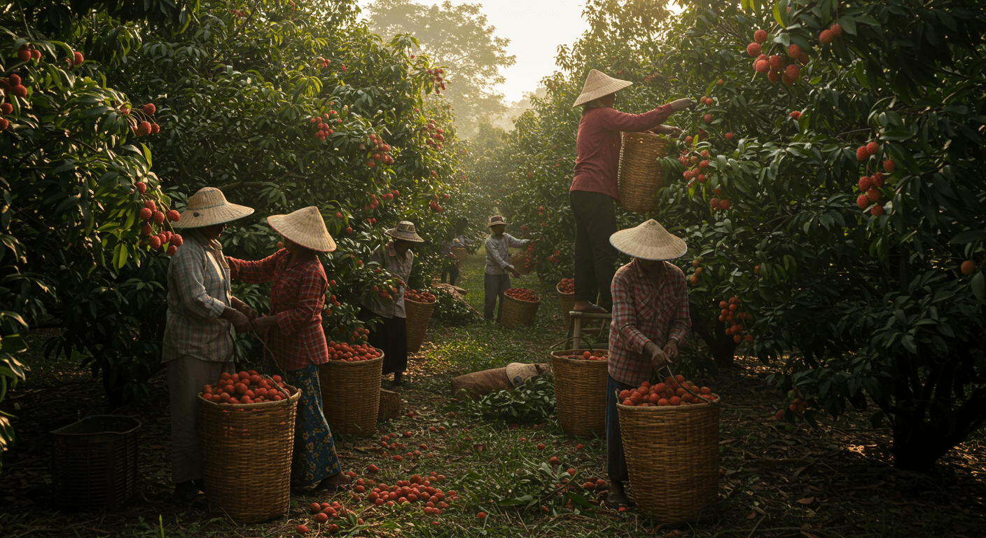 A group of farmers harvesting lychees in India (AI-generated image)