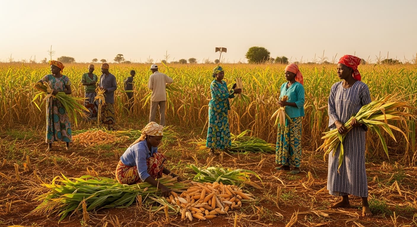 Malian farmers harvesting maize (AI-generated image)