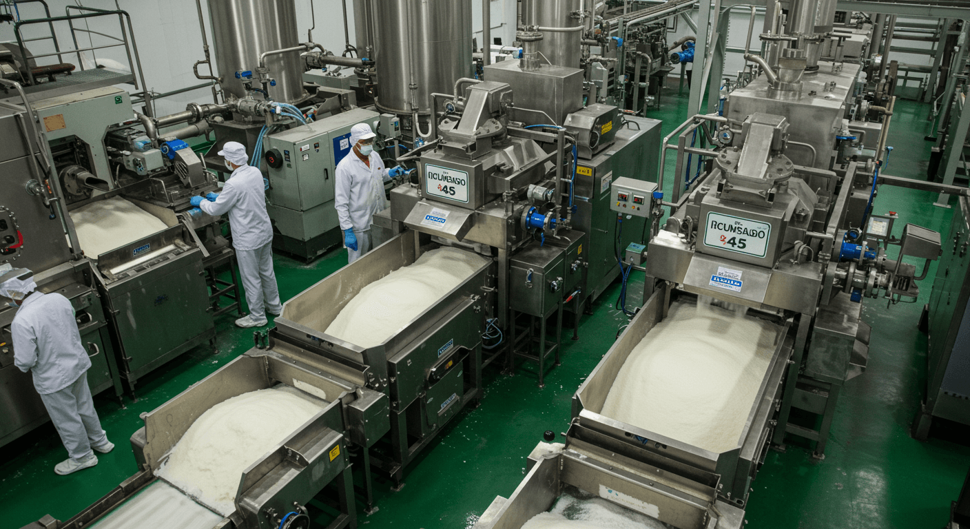 Production line of refined sugar ICUMSA 45 in Brazil (AI-generated image)