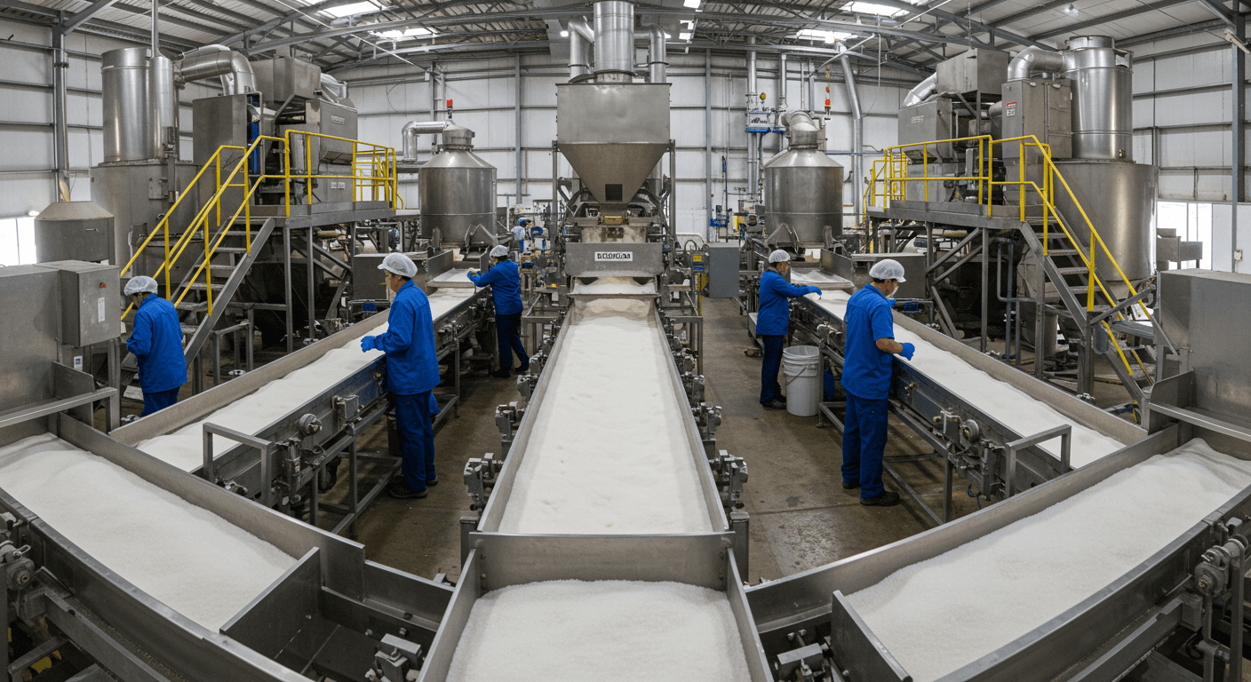 Production line of refined sugar ICUMSA 45 in Brazil (AI-generated image)
