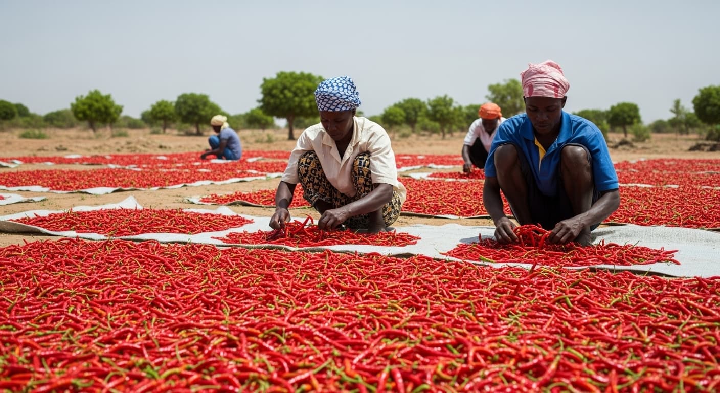 Senegalese farmers drying red chili peppers (AI-generated image)