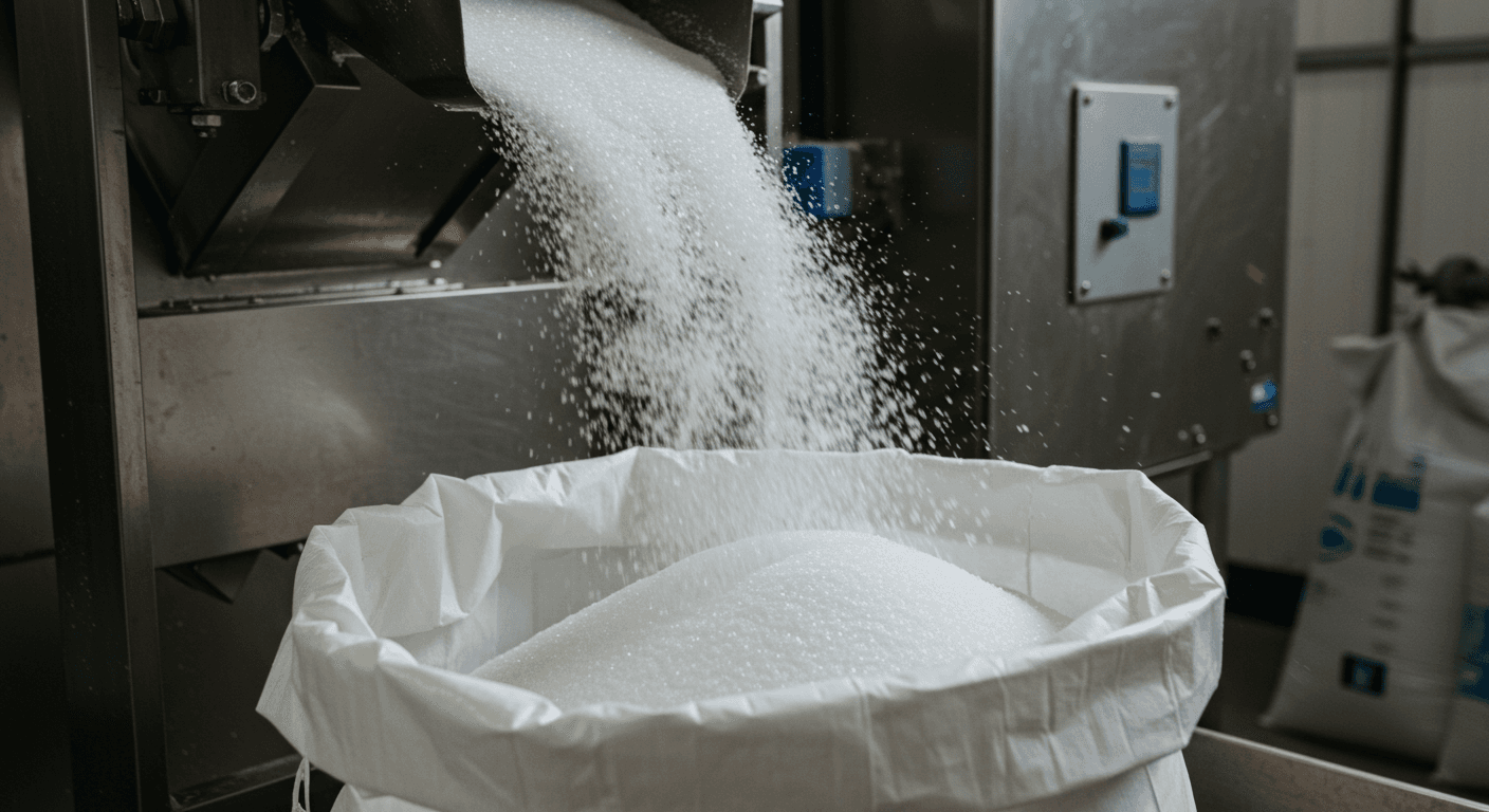 Refined ICUMSA 45 sugar falling into a 50‑kg bag on a production line (AI‑generated image)