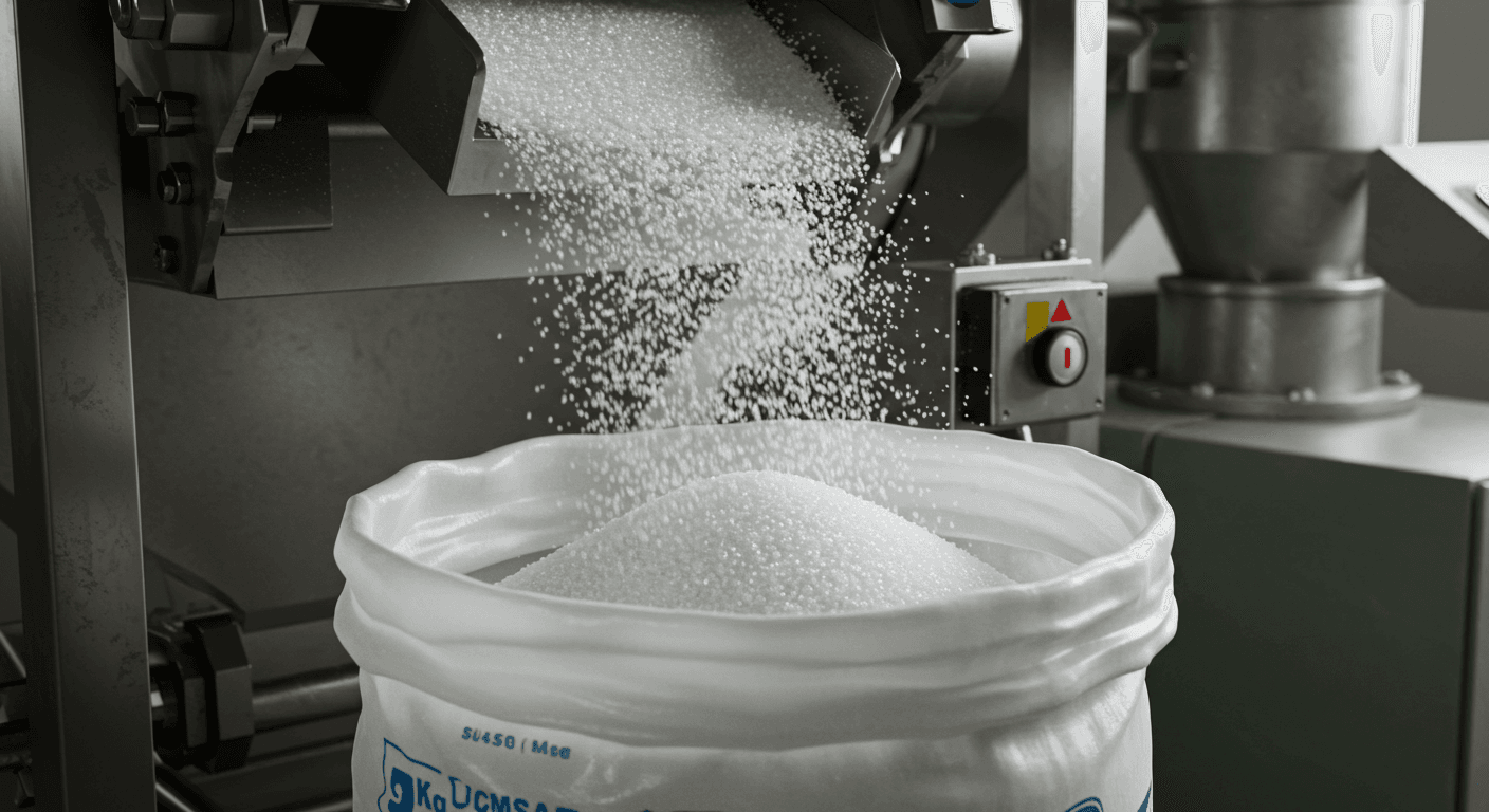 Refined ICUMSA 45 sugar falling into a 50‑kg bag on a production line (AI‑generated image)