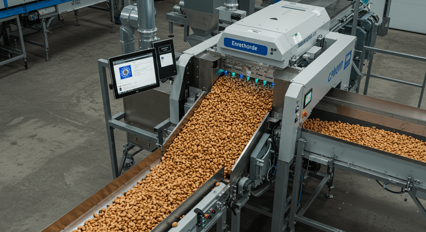 European AI-enabled sorting technology used to detect defects and foreign material, and to separate raw cashews by appearance and quality (AI-generated image)