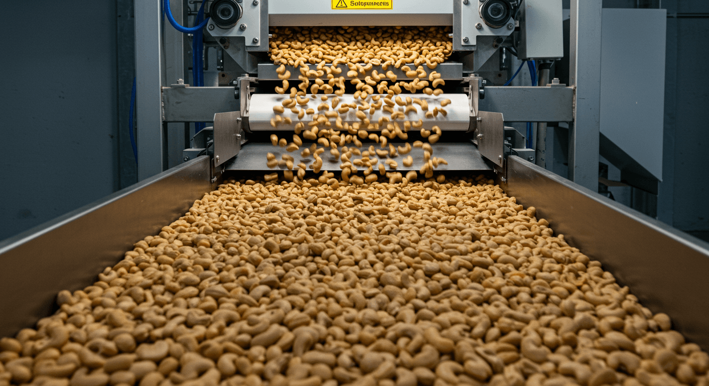 Technologie européenne de tri assistée par IA utilisée pour détecter les défauts et les corps étrangers, et pour séparer les noix de cajou crues selon l'apparence et la qualité (image générée par l'IA)