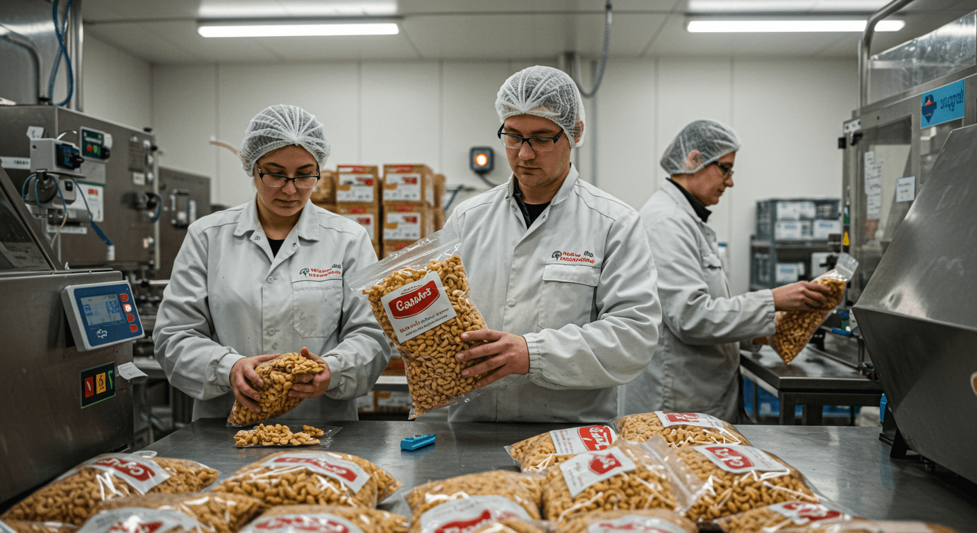 Workers in a German packaging plant perform quality control on a 1 kg bag of cashew snack to be delivered to a retail store in Germany (AI-generated image)