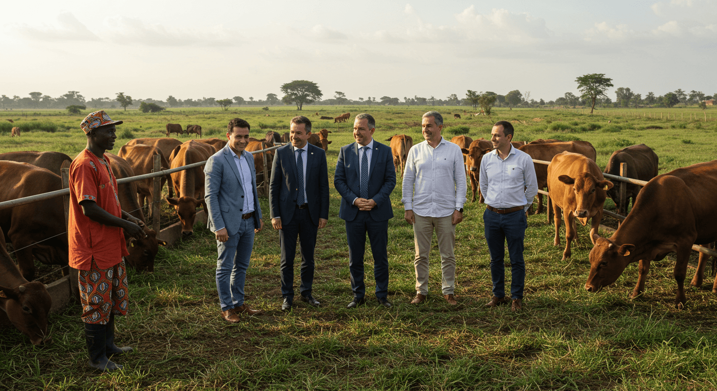 象牙海岸的一位牛场主接待了西班牙农业企业领袖参观（AI生成的图像）。