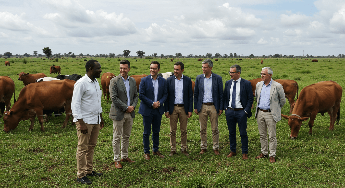 Il proprietario ivoriano di un allevamento bovino ha accolto per una visita i dirigenti dell’agroindustria spagnola (immagine generata dall’IA).