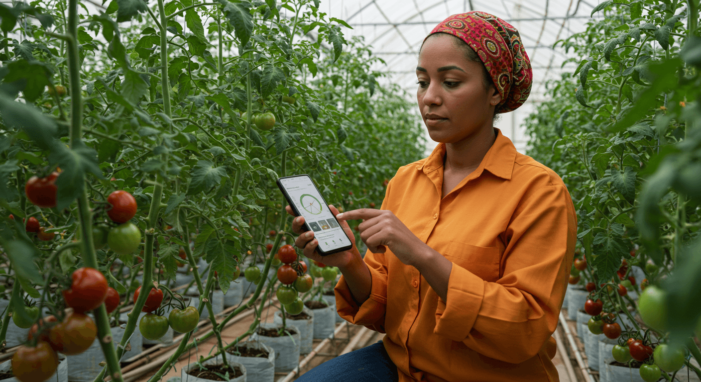 A female farmer in Morocco is using a mobile app to monitor cerise tomatoes in a greenhouse (AI-generated image).