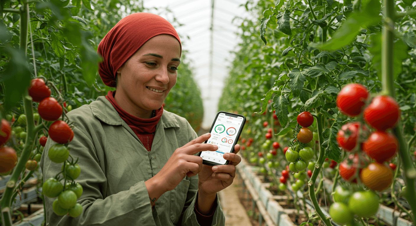 Eine marokkanische Bäuerin verwendet eine mobile App, um Kirschtomaten in einem Gewächshaus zu überwachen (KI-generiertes Bild).