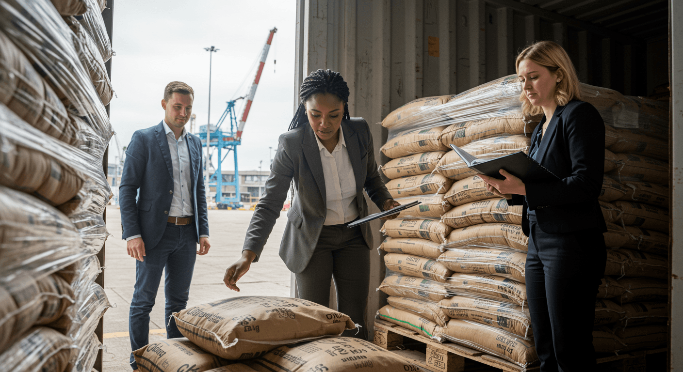 Un’imprenditrice della diaspora africana, assistita dal suo personale belga, ha ispezionato un container di cacao in polvere confezionato in sacchi da 25 kg presso il porto di Anversa, Belgio (immagine generata dall’IA).