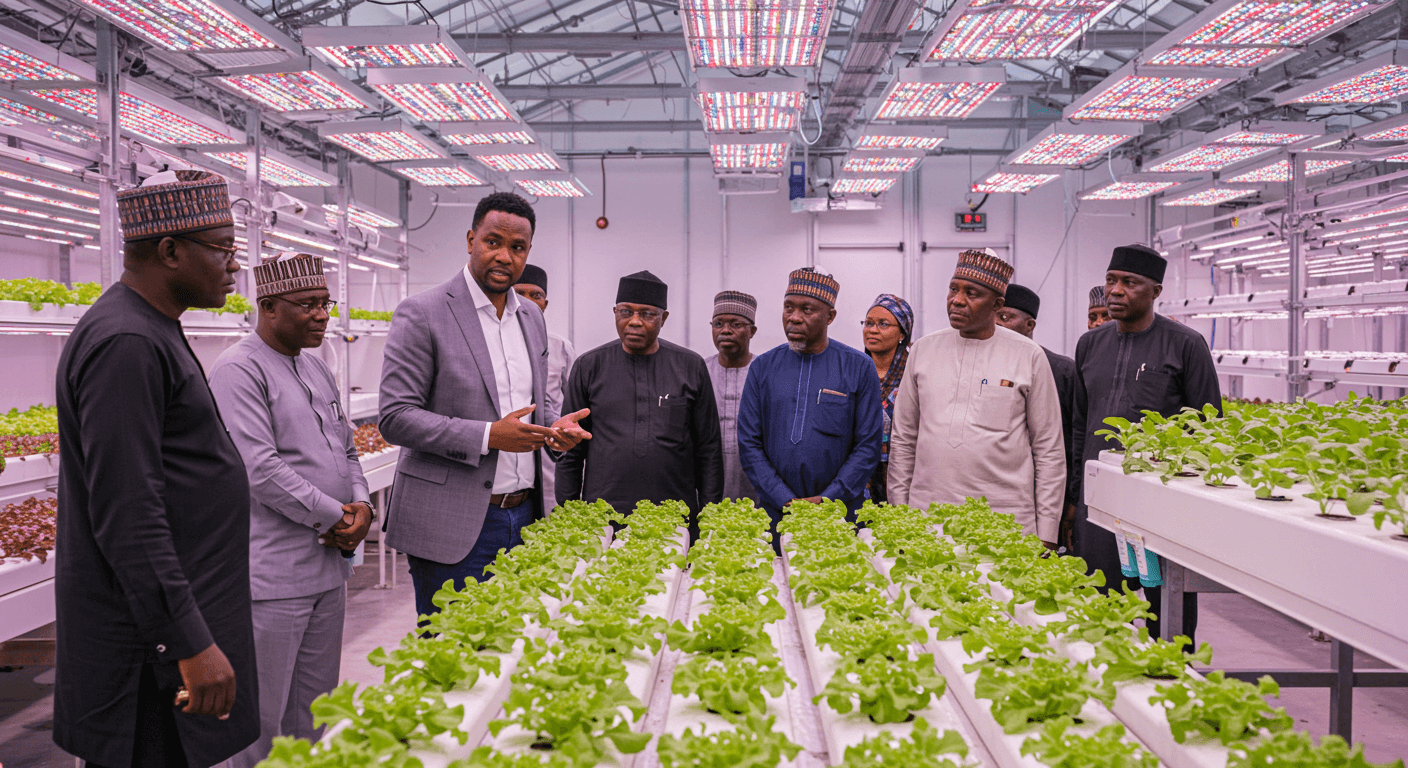 Ein deutscher Unternehmer aus der afrikanischen Diaspora zeigte einem nigerianischen Unternehmer- und Unternehmerinnendelegation ein hydroponisches Gewächshaus (KI-generiertes Bild).