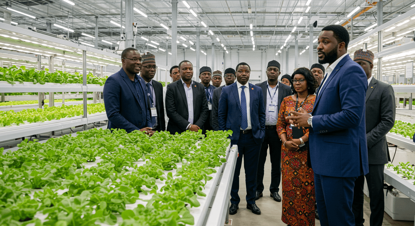 Un imprenditore tedesco della diaspora africana ha mostrato una serra idroponica a una delegazione di imprenditori e imprenditrici nigeriani (immagine generata dall’IA).