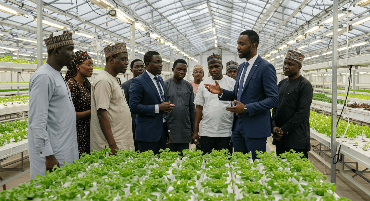 一位来自非洲侨民的德国企业家向尼日利亚企业家代表团展示了一个水培温室（AI生成的图像）。