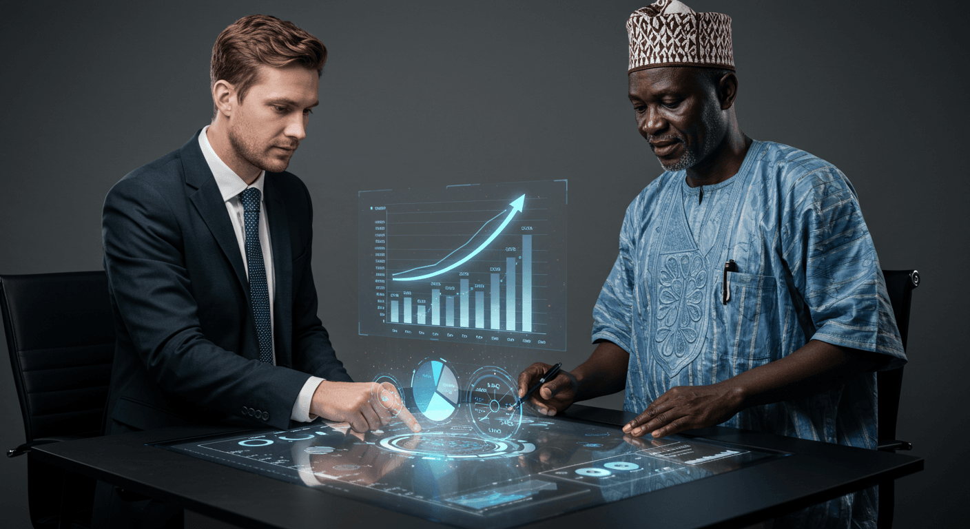 Dos ejecutivos — uno español con traje de negocios y otro africano con vestimenta tradicional de África Occidental — se inclinan sobre un panel de inversión digital en una mesa con pantalla táctil, con gráficos holográficos que muestran el aumento de los rendimientos y los beneficios. (Imagen generada por IA)