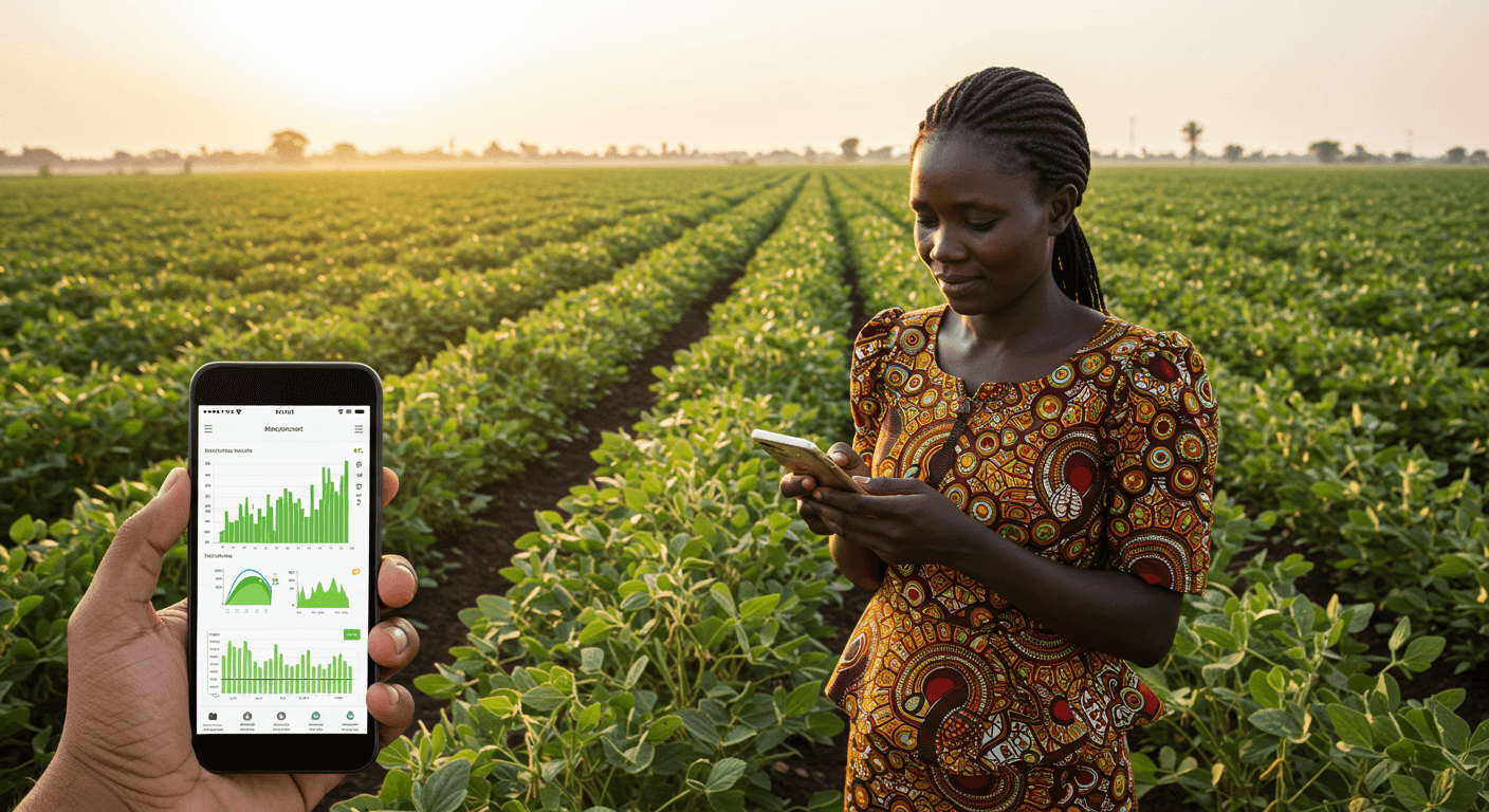 Eine Bäuerin verwendet eine mobile App, um ihre Sojafarm in Nigeria zu überwachen (KI-generiertes Bild).