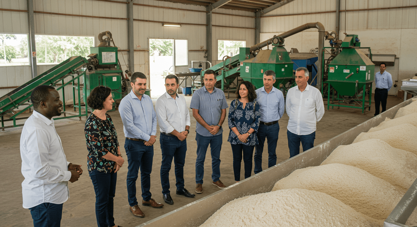 The Ivorian owner of a cassava flour factory welcomed Spanish agribusiness leaders for a visit (AI-generated image).