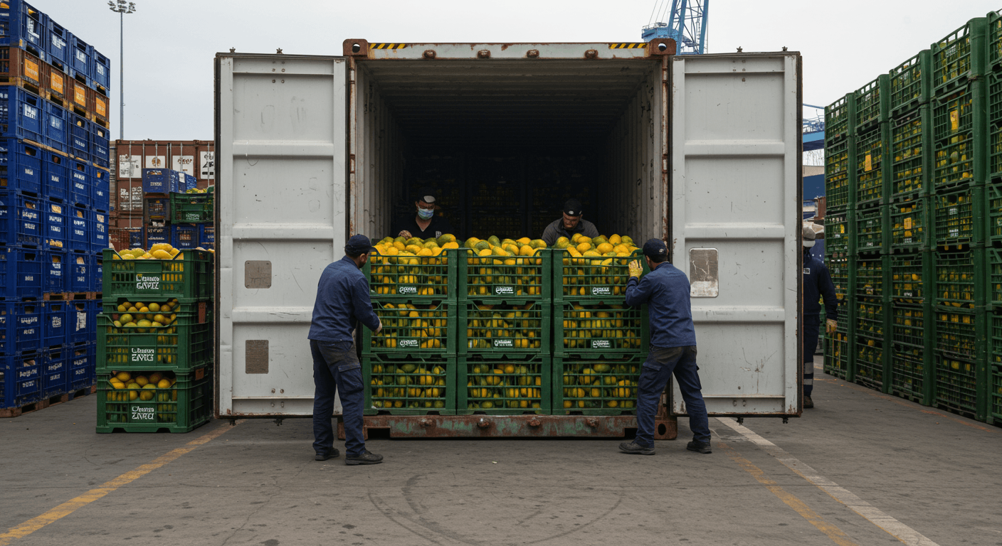 Un contenedor refrigerado está siendo cargado con mangos frescos con sellos de certificación orgánica de la UE, atracado en el Puerto de Barcelona (imagen generada por IA).