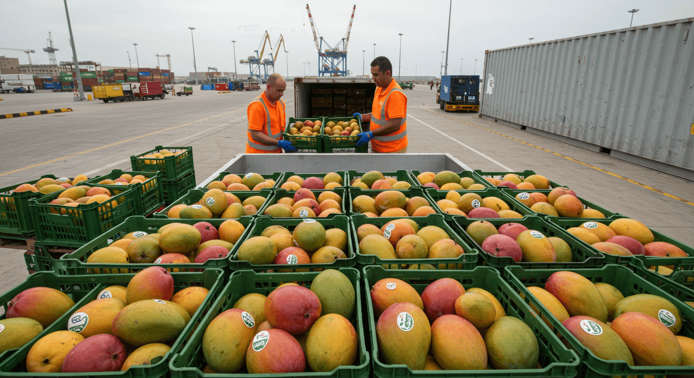 Um contêiner refrigerado está sendo carregado com mangas frescas com selos de certificação orgânica da UE, atracado no Porto de Barcelona (imagem gerada por IA).