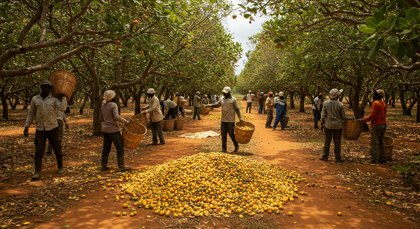 La récolte de noix de cajou crues en Côte d'Ivoire (image générée par l'IA)
